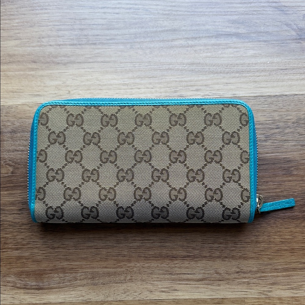 Authentic Gucci Monogram Wallet with Teal / turquoise Trim